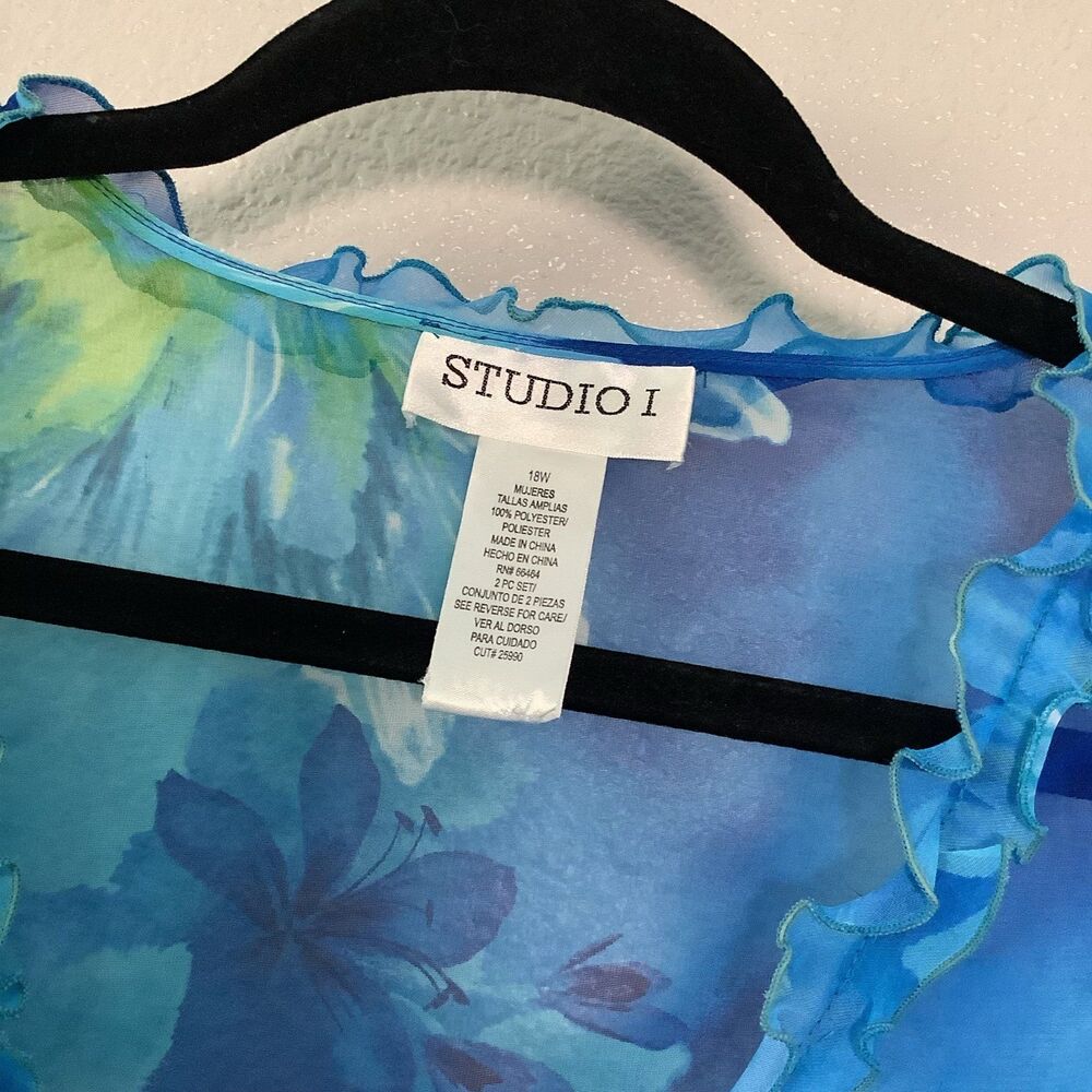 Vintage Blue Tropical Floral Mermaidcore Cruise Summer Vacation Beach Shirt 18W - Picture 3 of 4